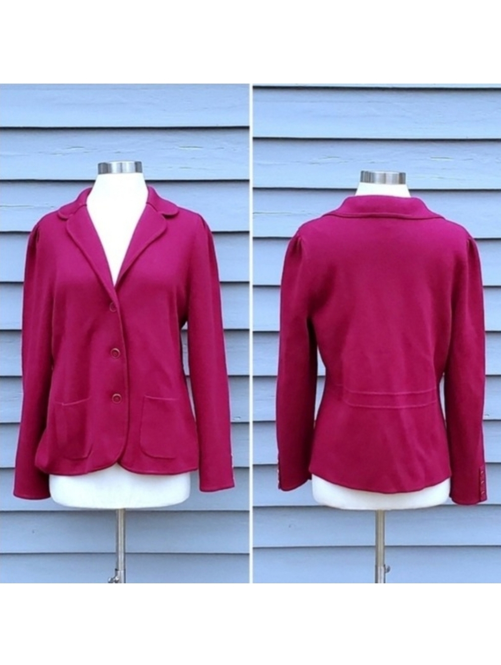 Talbots Blazer Cardigan Magenta Pink 100% Merino Wool Button Front Pockets M
